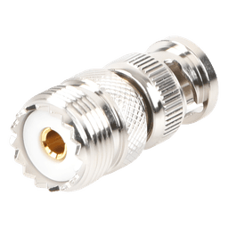 Adaptador en Línea, de Conector QMA (Quick Mate) Macho a Mini-UHF Hembra, Bronce Blanco/ Oro/ Teflón.