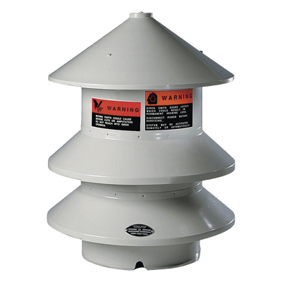 Sirena industrial omnidireccional / 102 dBC @ 30.5 m (100 pies) / Alcance 305 m (1000 pies) / Motor 2 HP 120-240V CA/CC / Montaje 10.7-12.2 m (35-40 pies)