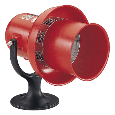 Sirena electromecánica industrial / 112 dBA a 3 m (9.8 ft) / 120 Vca/cd / UL y cUL / Tono bajo 700 Hz / Carcasa metálica roja anticorrosión