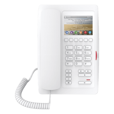 Teléfono IP para Hotelería / Pantalla LCD 3.5" / 6 Teclas Programables / PoE 802.3af / Dual Ethernet 10/100 Mbps / Modo Puente PC