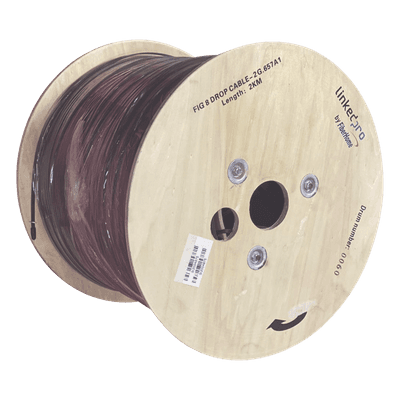 Carrete de 2 km de Fibra Óptica Aérea Mini Figura 8 G.657A1 Tipo Drop, Monomodo de 2 Hilos (Bifibra), Diseñada para Fusionarse, Color Negro, Span 80, (No Soporta Conectores Mecánicos)