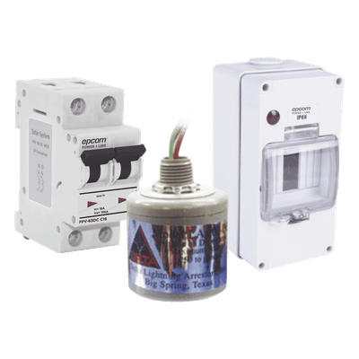 Kit de Centro de Carga Para Corriente Directa, Breaker de hasta  800 Vcc de 16 A con Supresor de Descargas Atmosféricas.