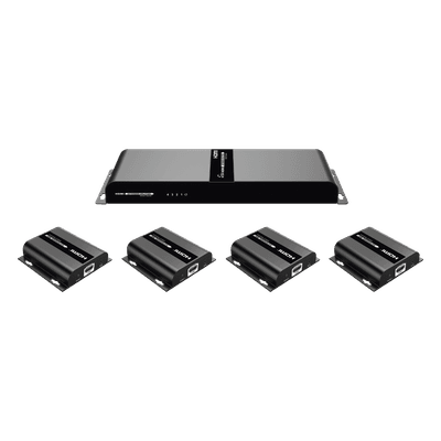 Kit Divisor y Extensor HDMI (Extender Splitter) | Divide 1 Fuente HDMI a 4 Pantallas | Extiende la señal HDMI hasta 120 m | Resolución 1080P @ 60 Hz | Cat 6/6a | Soporta IR | Baja Latencia | Uso24/7 | Alimente solo el Tx (PoC).