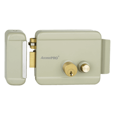 Cerradura Eléctrica con Botón de Salida / Doble Cerrojo / 12 VCA 2.5 A / Pulsos de 2 Seg / Exterior Izquierda