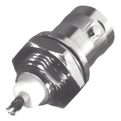   Conector BNC Hembra para Chasis, Montaje Frontal, Soldable, D-Plano, Troquelado, Niquel/ Oro/ Delrin.