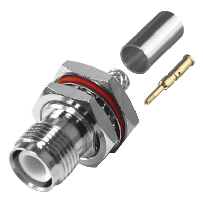 Conector TNC Hembra Inverso de Montaje Trasero en Panel, D-Plano, Hermético de Anillo Plegable para RG-142/U, Níquel/ Oro/ Teflón.
