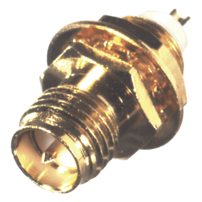 Conector SMA Hembra Inverso de Montaje Frontal en Panel, D-Plano, Soldable, Oro/ Oro/ Teflón. 