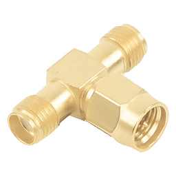 Adaptador en T, de Conector SMA Macho a Doble SMA Hembras, Oro/ Oro/ Teflón.