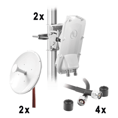 Enlace Backhaul completo de alta capacidad, incluye: 2x PTP550CE, 2x NPTR3 (37 dBi), 4x Jumpers