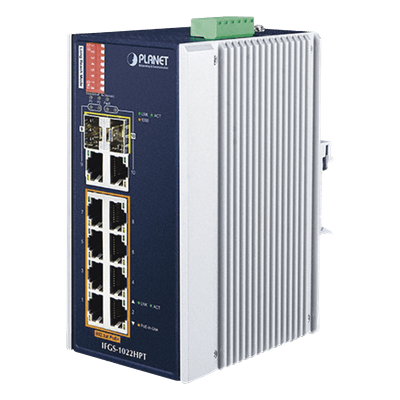 Switch Industrial PoE no administrable de 8 Puertos 10/100TX 802.3at,  Hasta 240 W, Combo TP / SFP Gigabit TP / SFP  (-40 ~ 75 grados C)