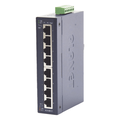 Switch Industrial No Administrable / 8 Puertos Gigabit 10/100/1000T / IP30 / Riel DIN y Pared / -40 a 75°C / 12-48 VDC