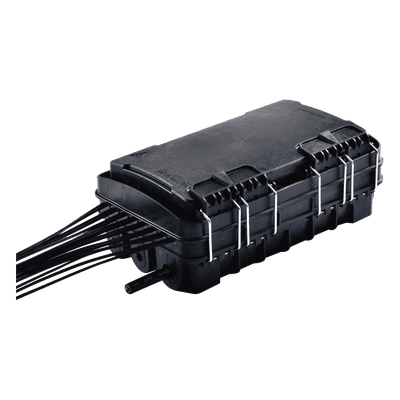 Caja de Distribución de Fibra Óptica para 24 Empalmes, con 16 acopladores SC/APC simplex, Exterior IP65, Color Negro