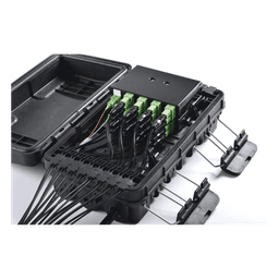Caja de Distribución de Fibra Óptica para 24 Empalmes, con 16 acopladores SC/APC simplex, Exterior IP65, Color Negro