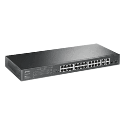Switch PoE+ JetStream SDN Administrable 24 puertos 10/100 Mbps + 2 puertos 10/100/1000 Mbps (Uplink) + 2 puertos SFP (combo 2 RJ45 10/100/1000 Mbps), 250W, administración centralizada OMADA SDN