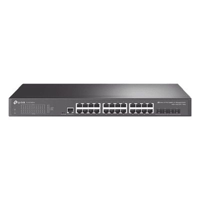 Switch Administrable L2+/L3 / 24 Puertos Gigabit / 4 Puertos SFP+ 10G / 128 Gbps / Sin Ventilador / Omada SDN