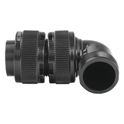 Conector Hembra en Ángulo Recto / 4 Contactos / Terminales Soldables / AWG 14-12 / Cuerpo Plateado Negro / Aislante Delrin / 90°