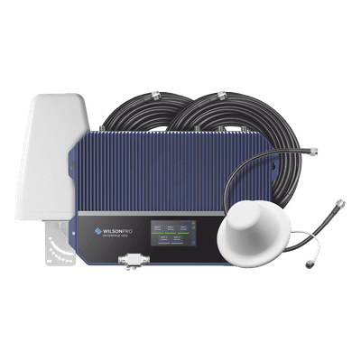 KIT Amplificador de señal celular 4G LTE, 3G y Voz. Especial para áreas comerciales que reciben la señal de múltiples torres. Cubre áreas de hasta 3716 metros cuadrados. 