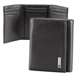 Cartera Athens Negra de Piel con Compartimento de Micromalla para ID. Doblable en 3 Partes con Divisor de Billetes. Pocket Wallet