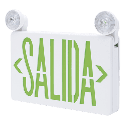 Letrero de Emergencia LED DUAL / Luz de Salida y Emergencia Integrada / Montaje Universal Pared-Lateral-Techo / Doble Voltaje 120-277 VAC / Batería 6V 4.5Ah / 3W Bajo Consumo