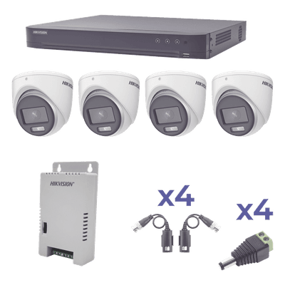 KIT COLORVU TURBOHD 1080p / DVR 4 Canales / 4 Cámaras eyeball (exterior) lente 2.8mm / Fuente de poder profesional / Transceptores de video y Accesorios de corriente