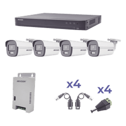 KIT COLORVU TURBOHD 1080p / DVR 4 Canales / 4 Cámaras Bala (exterior) lente 2.8mm / Fuente de poder profesional / Transceptores de video y Accesorios de corriente