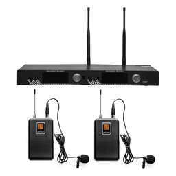 Kit de Micrófonía Inalámbrica UHF / 2 Micrófonos Lavalier / 200 Canales / Alcance 100 m (328 ft) / 15 Horas de Batería / Pantalla LCD