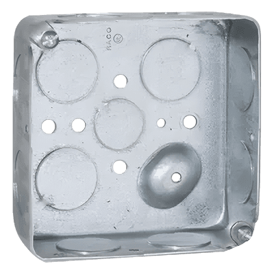 Caja Cuadrada Eléctrica / 4 x 4" / Profundidad 1-1/2" / 21 in³ / 11 Entradas 3/4" y 1 Entrada 1/2" / Acero Galvanizado / Resistencia al Fuego 2 Horas