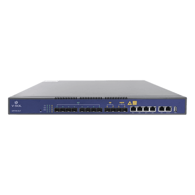 OLT de 8 puertos GPON con 8 puertos Uplink (4 puertos Gigabit Ethernet + 2 puertos SFP + 2 puertos SFP+) hasta 1,024 ONUs