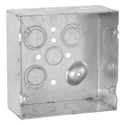 Caja Cuadrada 4 11/16" x 4 11/16"/ Profundidad 2- 1/8"/ 4 Entradas 1", 4 Entradas 3/4", 1 Entrada 1/2" y 3 TKO (1/2"-3/4").