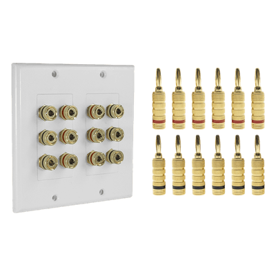 KIT 1 Placa de Pared + 6 Pares Conectores Banana (Rojo+Negro) | Postes de Unión Tipo Banana | Conexión para 6 Altavoces | Fácil Instalación | Conectores Chapados en Oro
