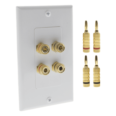 KIT 1 Placa de Pared + 2 Pares Conectores Banana (Rojo+Negro) | Postes de Unión Tipo Banana | Conexión para 2 Altavoces | Fácil Instalación | Conectores Chapados en Oro