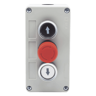 Botonera Triple con Boton de Stop Tipo Enclavado / Para Barreras Vehiculares, Operadores Corredizos y Abatibles. 