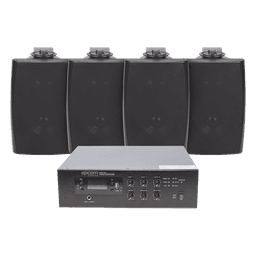 KIT de Amplificador de 120W para Escritorio | 4 Altavoces de Pared color Negro 2.5W - 20W | Sistema 70/100V