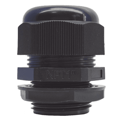 Conector Glándula Plástico / Rosca NPT 1" (25.4 mm) / Rango de Cable 16-22 mm / Color Negro / 7 Dimensiones Precisas