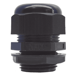 Conector Glándula Plástico / Rosca NPT 1" (25.4 mm) / Rango de Cable 16-22 mm / Color Negro / 7 Dimensiones Precisas