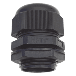 Conector Glándula Plástico / Rosca NPT 1" (25.4 mm) / Rango de Cable 16-22 mm / Color Negro / 7 Dimensiones Precisas