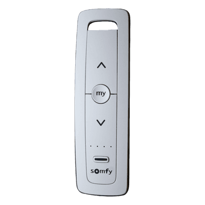 Control remoto 5 canales para motores de persiana Somfy con señal inalámbrica, instrucciones: sube, baja y detener, con posición favorita programada.