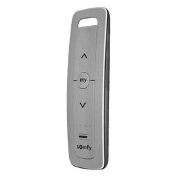 Control remoto 5 canales para motores de persiana Somfy con señal inalámbrica, instrucciones: sube, baja y detener, con posición favorita programada.