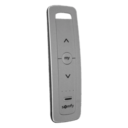 Control remoto 5 canales para motores de persiana Somfy con señal inalámbrica, instrucciones: sube, baja y detener, con posición favorita programada.