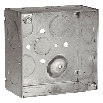 Caja Cuadrada Galvanizada / 4 x 4 in / Profundidad 2.125 in (5.4 cm) / 13 Entradas Conduit / Acero Soldado / 30.3 in³ Capacidad