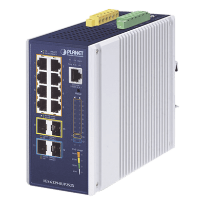 Switch Industrial Administrable Capa 3, Con 8 Puertos PoE Gigabit 802.3bt, 2 Puertos SFP de 1 G / 2.5 G, 2 Puertos SFP 10 G