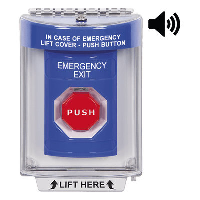 Botón De Salida De Emergencia Con Bocina De Advertencia Integrada, Interior/Exterior, Texto En Ingles, Tapa Protectora De Policarbonato Súper Resistente, Neumático