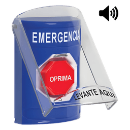 Botón Multipropósito, Color Azul, De Superficie, Con Tapa De Policarbonato, Con Bocina, Para Interior, Girar Para Restablecer, Texto De Emergencia, Español