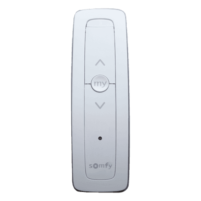 Control remoto 1 canal para motores de persiana Somfy con señal inalámbrica, instrucciones: sube, baja y detener, con posición favorita programada.