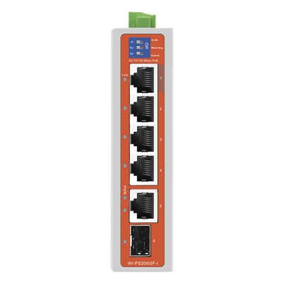 Switch Industrial / 4 Puertos 10/100 Mbps con PoE 802.3af/at / 2 Puertos Uplink Gigabit (1 Rj45 - 1 SFP) / PoE Hasta 250 m 