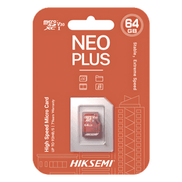MicroSD HIKSEMI NEO Plus / 64 GB / 95 MB/s Lectura / 40 MB/s Escritura / Clase 10 U3 / TLC NAND / Especializada Para Videovigilancia 24/7