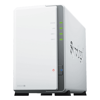 NAS DiskStation DS223j | 2 Bahías | CPU Realtek RTD1619B 1.7 GHz | 1 GB DDR4 | Puerto 1GbE RJ-45 | USB 3.2 Gen 1 | Compatible con HDD y SSD | Synology DSM | RAID 0, 1, JBOD | SMB, AFP, NFS, FTP | Vigilancia IP