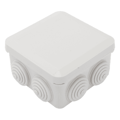 Caja Estanca, Derivación, Conexión de Plástico (89 X 89 X 50 mm) con 7 Glándulas de Goma. Para Instalaciones Comerciales,  Residenciales e Industriales. Cerrado a Presión. 