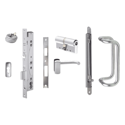 Kit de cerradura motorizada / Apertura automática por control de acceso / Perfil europeo / Acero inoxidable / Manija interior de emergencia