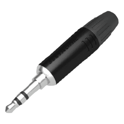 Conector delgado estereo de 3.5 mm, carcasa cromada negra, contacto niquelado, cable OD 2-4,5 mm